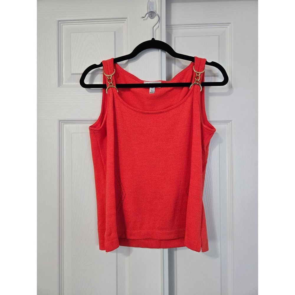 St John Sport Marie Gray Coral Red Knit Tank Top Gold Chain Link Accents Small